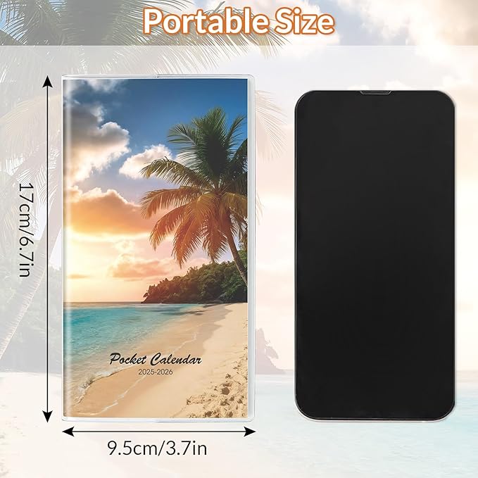 Pocket Calendar 2025-2026, Purse Monthly Planner - 3.7" x 6.7" - Runs from January 2025 Until December 2026, 2025 Pocket Calendar with Beach PVC Cover for Office