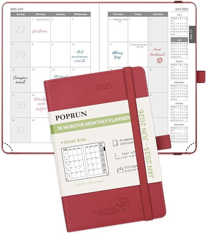 POPRUN Pocket Monthly Planner 2025-2026 (Pocket- 4''x 6.25''Soft Leather Cover) - 18 Month Calendar Book for Purse (January 2025-June 2026), 100 GSM Thick Paper - Burgundy