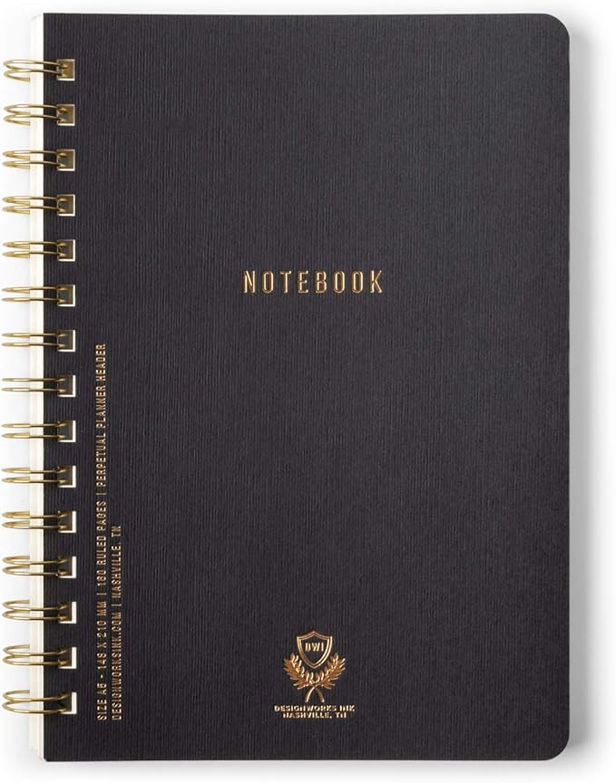 DesignWorks Ink 6" x 8.25" Black Textured Paper Twin Wire Spiral Notebook Journal with 160 Lined Pages for Work, Writing, Journaling