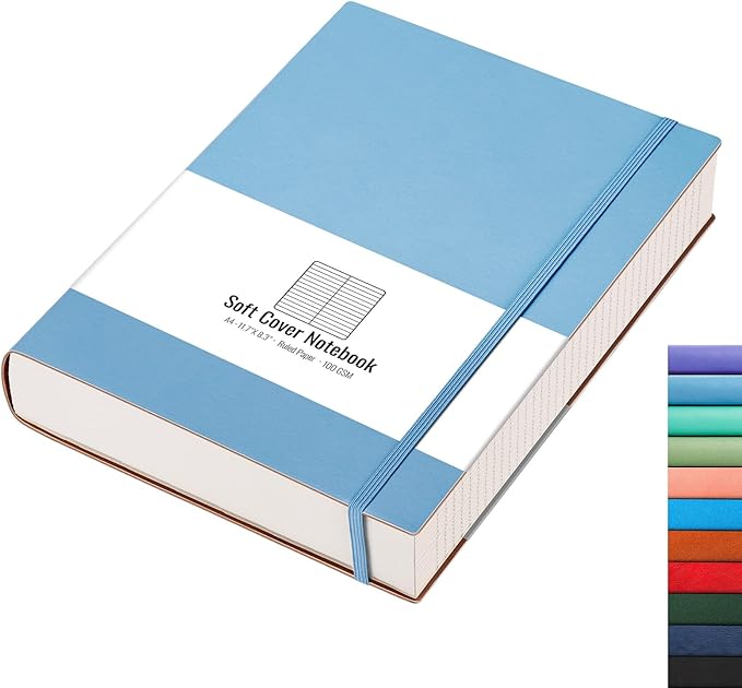 AHGXG College Ruled Notebook A4-320 Pages Large Journal 8.5''×11'', Thick Notebooks for Note Taking, 100gsm Thick Paper, Leather Softcover, for Women Men - LightBlue