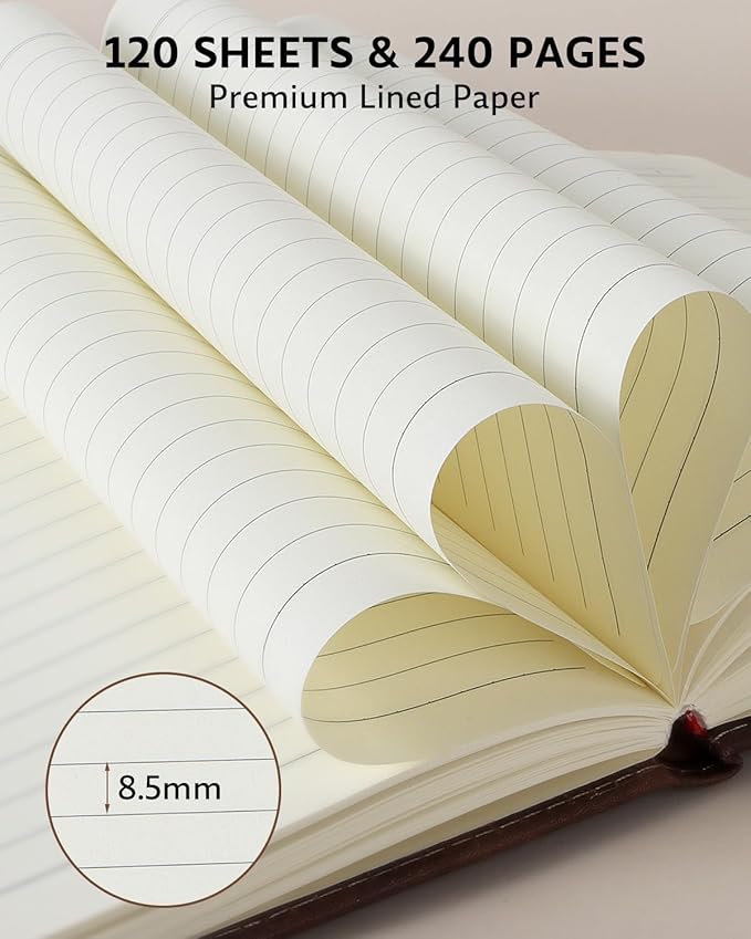 Leather Notebook Journal with Pen, A5 Lined Hardcover Notebook with Magnetic Closure, 240 Pages Daily Journal for Men Women, Ruled Journal Notebooks for Work, Writing, Note Taking - Brown