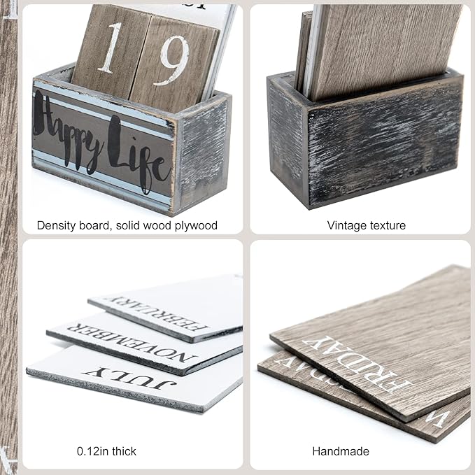 Notakia Perpetual Calendar Wooden Calendar Blocks Vintage Wood Block Calendar for Home Office Desk Accessories Week Month Date Display (Happy Life)