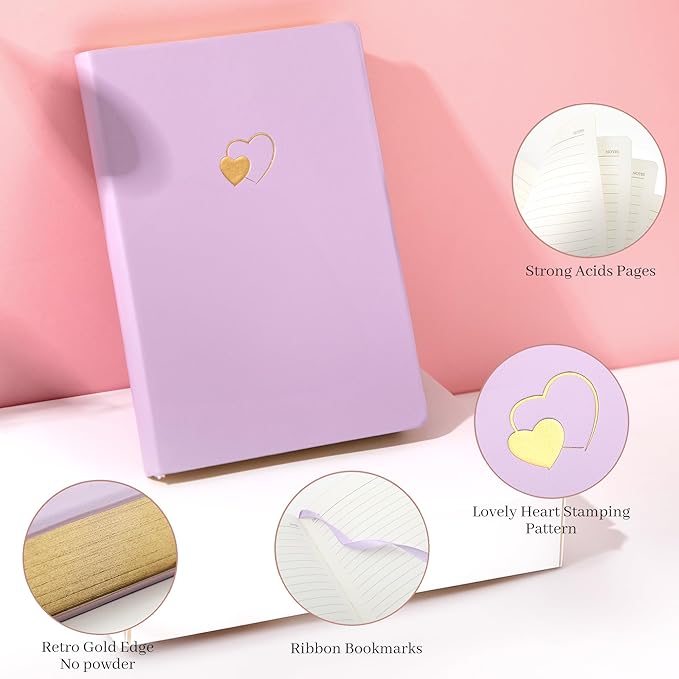 CAGIE Lined Journal Notebook for Women and Girls 256 Pages Cute Diary with Heart-Shaped Leather Journals for Writing A5 Soft Cover Notebooks for Work School (02 Purple, A5)