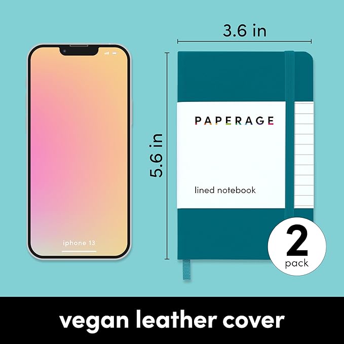 PAPERAGE Lined Pocket Journal Notebook, 2 Pack, (Turquoise), 160 Pages, Small Notebook, 3.6 inches x 5.6 inches - 100 GSM Thick Paper, Hardcover