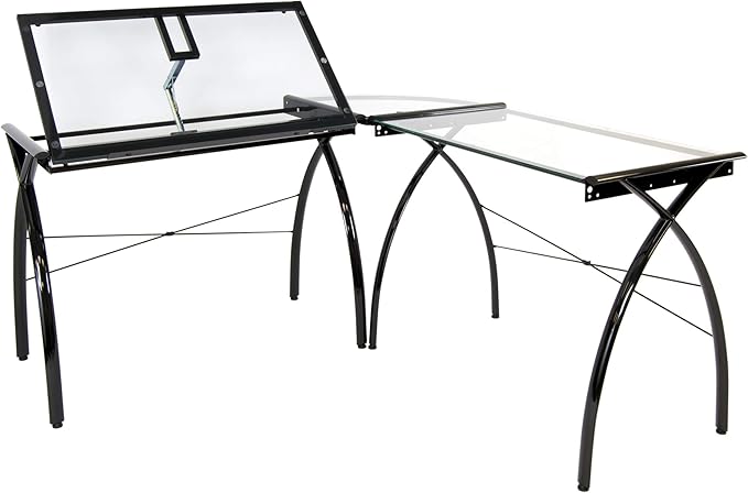 SD STUDIO DESIGNS Futura LS WorkCenter with Tilt Top Adjustable Drafting Table Craft Table Drawing Desk Hobby Table Writing Desk Studio Desk, Black / Clear Glass.