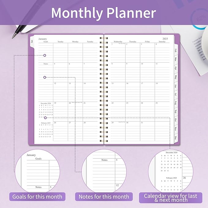 2025 Planner Weekly and Monthly, Calendar Planner with Monthly Tabs, 2025 Weekly Planner from Jan 2025 - Dec 2025, Weekly Monthly Planner with Spiral Binding- 6.3" X 8.5", Purple
