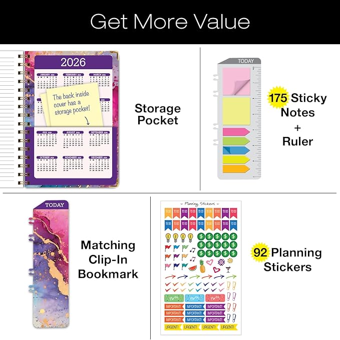 HARDCOVER 2025 Planner, 5.5"x8": 14 Months (November 2024 - December 2025), Daily Weekly Monthly Planner, Yearly Agenda, Bookmark, Pocket Folder and Sticky Note Set (Rainbow Gold Marble)