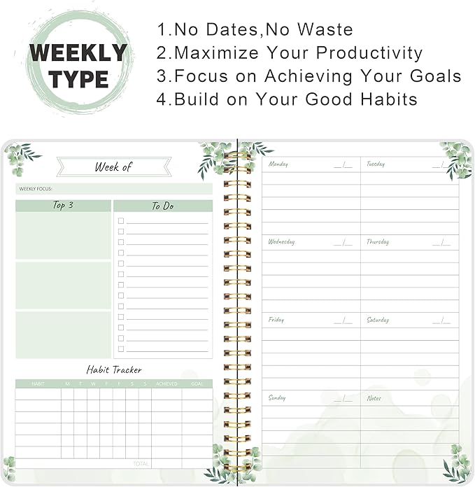 KMQOY Weekly Planner Undated 52 Weeks To Do List Notebook with Habit Tracker Spiral Weekly Planner Notebook for Teacher, Office, School,Family,5.8" x 8"