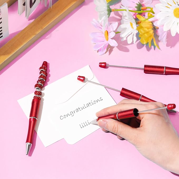 jiebor 20Pcs Red Beadable Pens Plastic Bead Ballpoint Pens Bulk with 50Pcs Black Ink Cute Cool DIY Pens for Women Teacher Christmas Gift Office Supplies