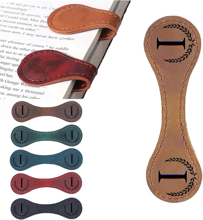 Personalized Magnetic Leather Bookmark, 26 Letters Custom Leather Bookmarks, Handmade, Leather Magnetic Bookmark for Book Lovers Readers Women Kid(Dark Yellow，I）