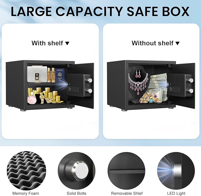 Kavey 0.8 Cub Safe Box, Biometric Safe with Backlit Touch Screen Keyapd and Fingerprint Lock, Home Safe with Dual Alarm System and Mute Function, Small Safe Box for Money Documents Valuables, K-25W