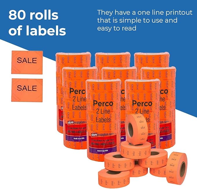 Sale Fluorescent Red Perco Labels for Perco 2 Line Labeler Gun - 10 Sleeve, 60,000 "Sale Labels for Perco 2 Line Date Guns