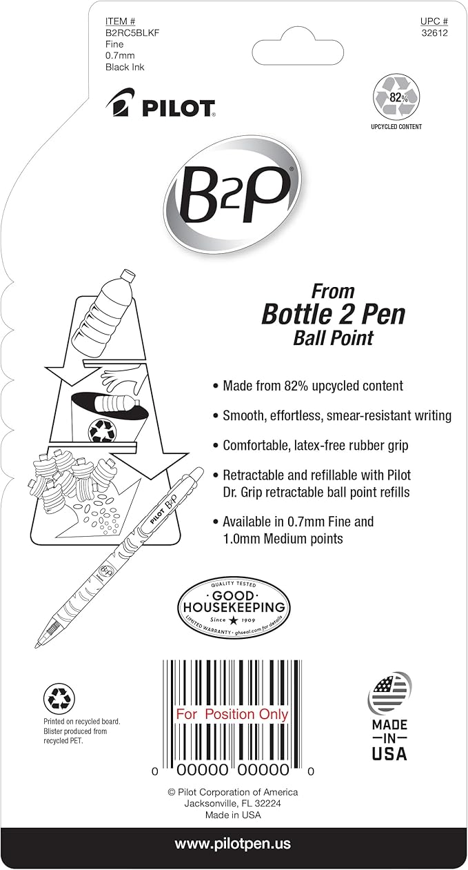 PILOT B2P - Bottle to Pen Refillable & Retractable Ball Point Pen Made From Recycled Bottles, Fine Point, Black Ink, 5-Pack (32612)