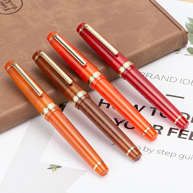 Jinhao 82 Acrylic Fountain Pen, Iridium Bent Nib with Ink Converter, Transparent Coffee Fluorescent Classic Design Calligraphy Pen (Gold Trim)