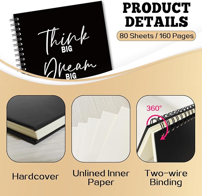 YAZMEEN Motivational Blank Spiral Notebook（160 Pages） Think Big Dream Big Believe Big Hardcover Sketchbook Inspirational Gift Funny Notebook Birthday Gift for Women Men Teen Student Friend Colleague