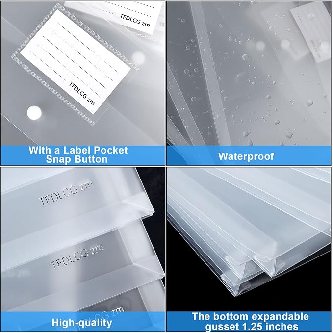 12 Pack Large Clear Document Folders,Legal Size(11"×14"),TFDLCG zm Plastic Envelope with Snap Closure,Poly Envelopes File Folder with 1 Inch Expansion,for School Home Office