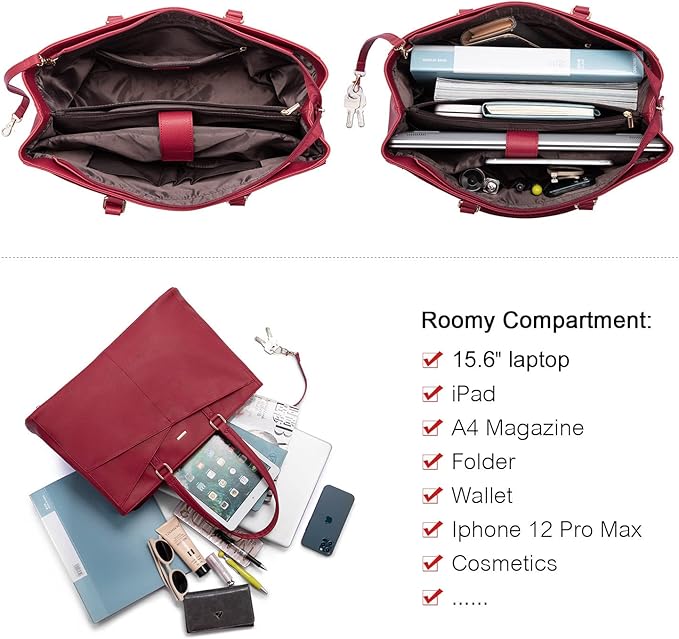 Laptop Tote Bag for Women 15.6 Inch Waterproof Leather Computer Bags Women Business Office Work Bag Briefcase Red