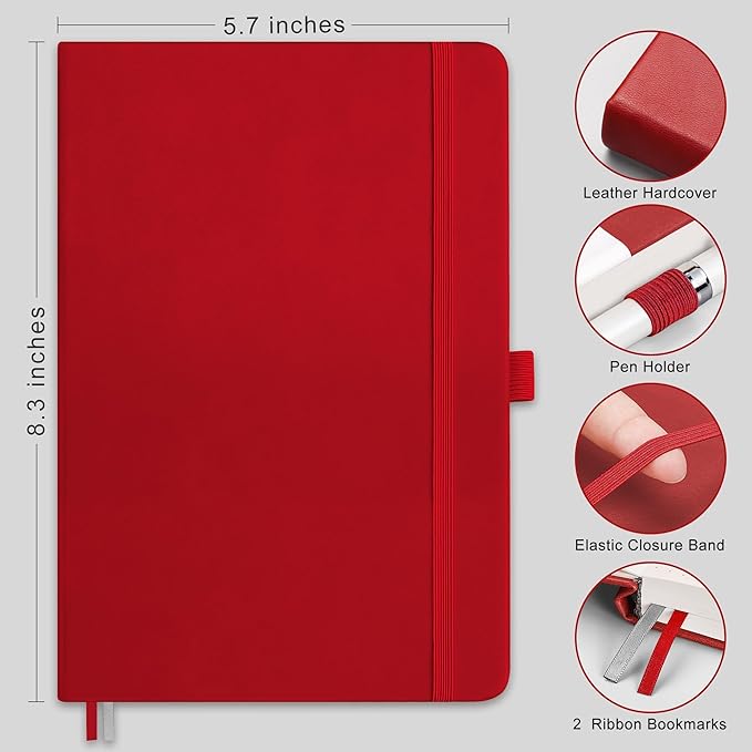 RETTACY Blank Journal Notebook, A5 Blank Journal with 192 Pages, 5.7'' × 8.3'' Medium Size, 68 LB/100 GSM Thick Paper, Leather Hardcover, for Sketching, Drawing, Painting (Red)