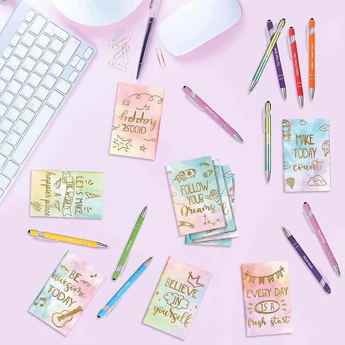 Funrous 32 Pcs Motivational Quote Pens Inspirational Notepads Mini Journal with Ballpoint Pen Small Notebooks Gift Set for Men Women Coworkers, Adult Party Favors Prizes Gift Bulk(Watercolor)