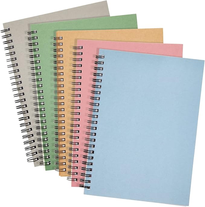 Paper Junkie 5 Pack Spiral Journal - Small Notebooks Bulk 6" x 8" with 120 Lined Pages for Work, Students, School, Writing (5 Colors Kraft Paper Covers)