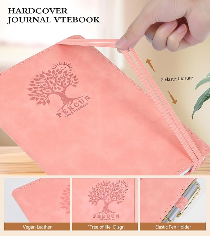 Lined Journal Notebook for Women and Men,Hardcover Leather Journaling Notebook for Writing, Travel, Business, Work and School,200 Pages A5 Notebook for Note Taking, Diary 5.9" × 8.5" - Pink