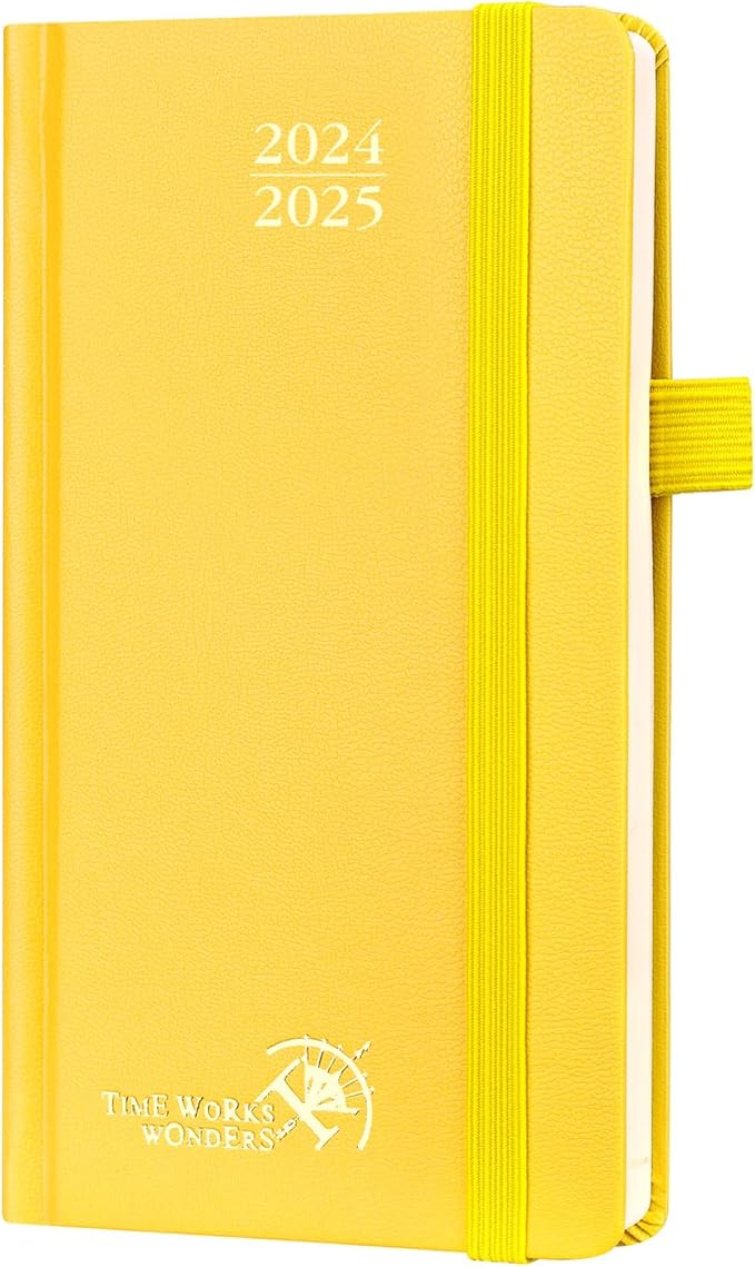 POPRUN Pocket Calendar 2024-2025 for Purse 3.5''x6.5'' Hardcover (17-Month: Aug.24 to Dec.25) Small Academic Planner Daily Weekly Monthly Agenda with Pen Holder, Ivory Paper - Light Yellow