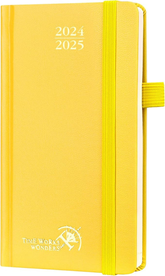 POPRUN Pocket Calendar 2024-2025 for Purse 3.5''x6.5'' Hardcover (17-Month: Aug.24 to Dec.25) Small Academic Planner Daily Weekly Monthly Agenda with Pen Holder, Ivory Paper - Light Yellow