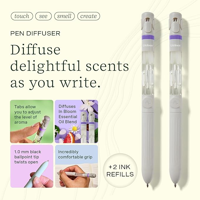 Lifelines Pen Diffuser Set, 2-Pack (in Bloom) - 1mm Black Ballpoint Pens with Scented Essential Oil Diffuser - Aromatherapy & Sensory Immersion Diffuse Aroma As You Write