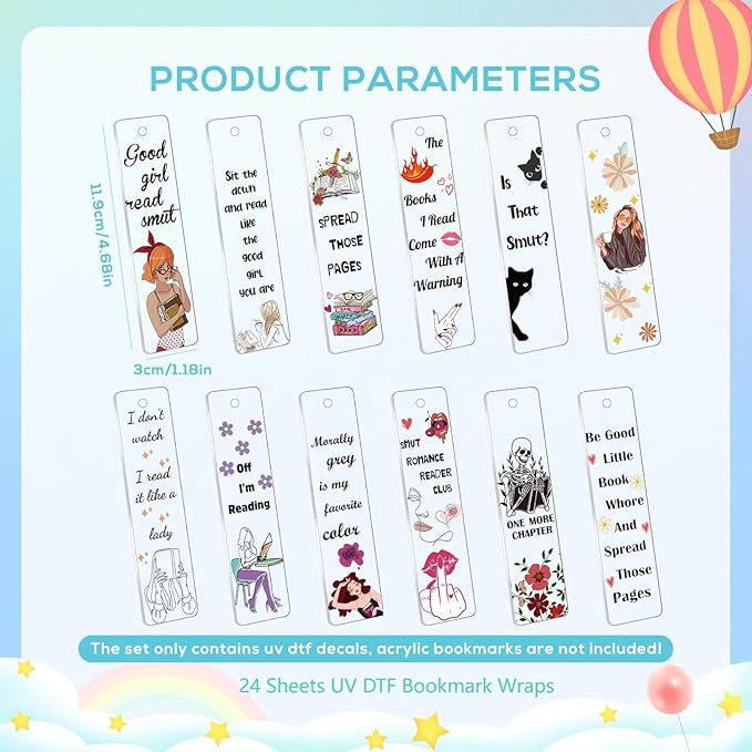 Luvsweeets Smut UV DTF Bookmark Wraps - 24 Sheets Smutty UV DTF Decals for Acrylic Bookmarks Waterproof UVDTF Stickers DIY Blank Bookmarks Rub on Transfers Stickers for Book Lover