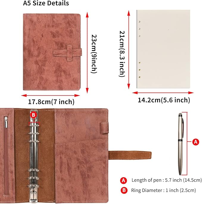 Wonderpool Leather Journal Refillable Binder A5 Writing Notebook Folder Organiser with Dotted Paper & Multi Pockets Cover for Business School Travel (A5, Brown)