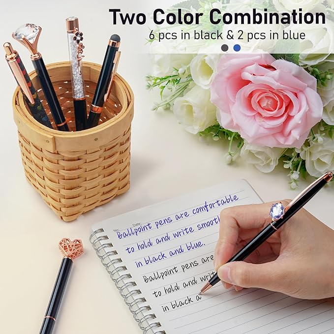 WEMATE 8Pcs Ballpoint Pens Set Metal Crystal Diamond Pen Glitter Pen for Journaling Black Pen Bling in Black & Blue Ink Pretty Cute Pens Fancy Pens Gifts for Women Wedding School Office Desk(Black)