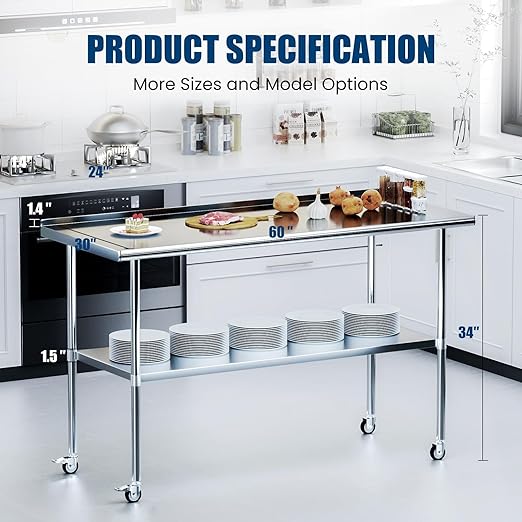 Stainless Steel Table with Wheels 30 x 60 Inches Metal Food Prep Table with Backsplash & Adjustable Undershelf, Utility Table for Kitchen, Outdoor, Restaurant, Bar & Garage
