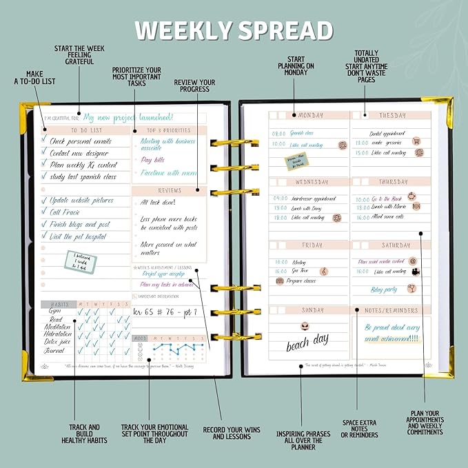 Bossy Girl Journey - Goal Planner Undated Weekly and Monthly Journal - Habit And Budget tracker - A5 Size Format To Beat Procrastination, Stay More Focused and motivated & Ebook with tips. (Black)