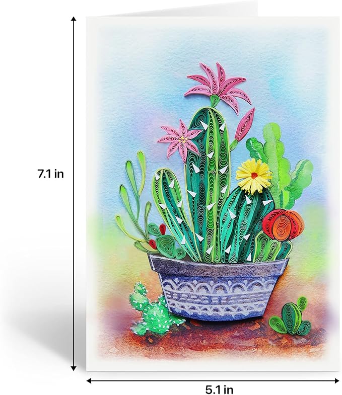 KingKraft Cactus Quilling Card, Handcrafted Greeting Card for All Occasions, Birthday, Thinking of You, Get Well, Anniversary Card for Wife, Valentines Day, Mothers Day Card, Blank Inside