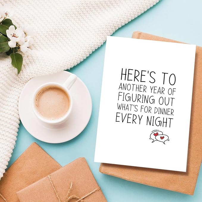 Funny Anniversary Card for Boyfriend Girlfriend, Wedding Anniversary Card from Husband Wife, Valentine's Day Card, Here's to Another Year of Figuring Out What's for Dinner Every Night