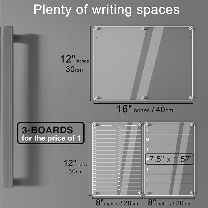 Acrylic Magnetic Dry Erase Board for Fridge, 16"x12" Clear Fridge Whiteboard to Do List White Board for Refrigerator Weekly Meal Planner Menu Board for Kitchen Fridge Calendar 3 Pcs