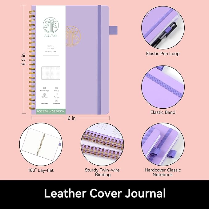Spiral Dot Grid Notebook Journal, Dotted Paper Notebook, Leather Hardcover Spiral Notebook, ALLTREE Twin Wire Spiral Bound Notebook with Pen Loop, Pocket, Stickers, 160 Pages, Journal for Women & Men, Purple(6"x8.5")