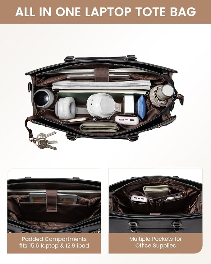 LOVEVOOK Laptop Bag for Women, 17 Inch Large PU Leather Tote Bag, Professional Teacher Work Bag, Waterproof Business Computer Briefcase, Shoulder Tote Purse for Office