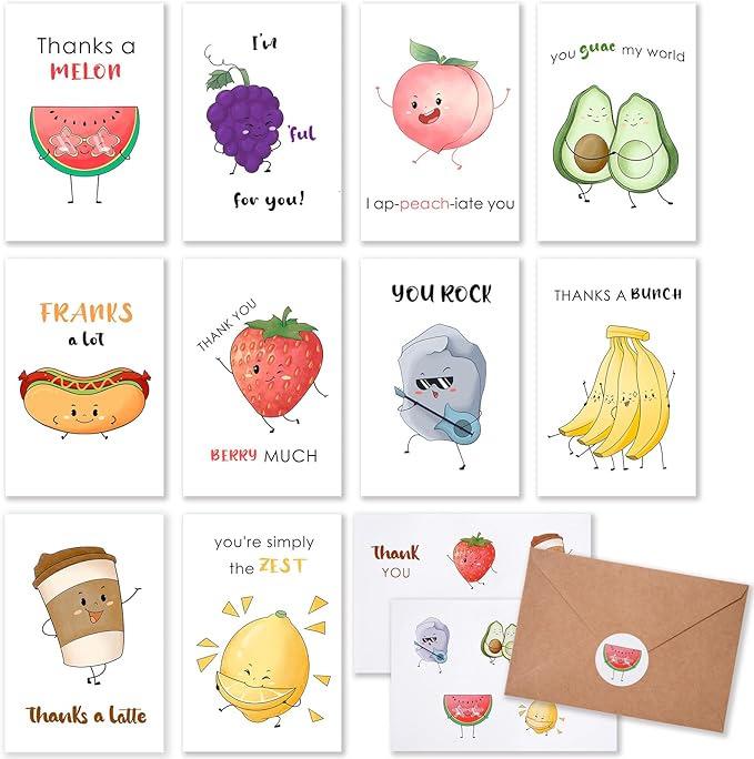 40 Funny Thank You Cards with Envelopes & Stickers, 4×6 in Cute Pun Cards Assorted Blank Greeting Cards, Boxed Bulk Note Cards for Friends Teachers Business Coworker Employee Appreciation