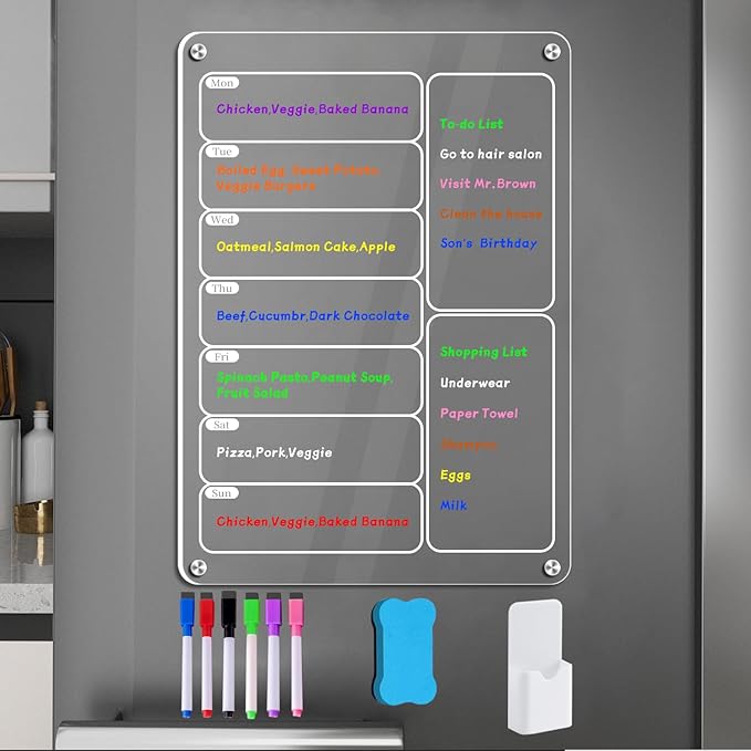 Acrylic Meal Planner Magnetic Menu Board for Kitchen Fridge, Clear Weekly Calendar Planning Board Refrigerator to Do/Grocery/Shopping List/Chore Chart, Magnetic Pen Holder and Eraser, 11.8 x 8’’