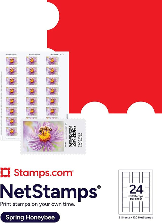 Spring Honeybee NetStamps 120-Pack (5 Sheets) Printable Postage Labels (Stamps.com Subscription Required) - Print Approved Postage - Inkjet & Laser Printers - Business, Personal, Home