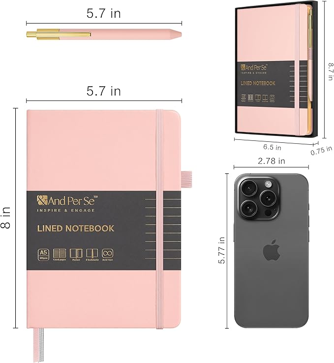 A5 Lined Leather Journal and Pen Set, Hardcover Notebook with Pen, 160 Pages 100gsm Thick Ruled Paper for Men Women, for Work, Business, School or Home Writing, 5.7'' x 8'', Gift Box Included (Pink)
