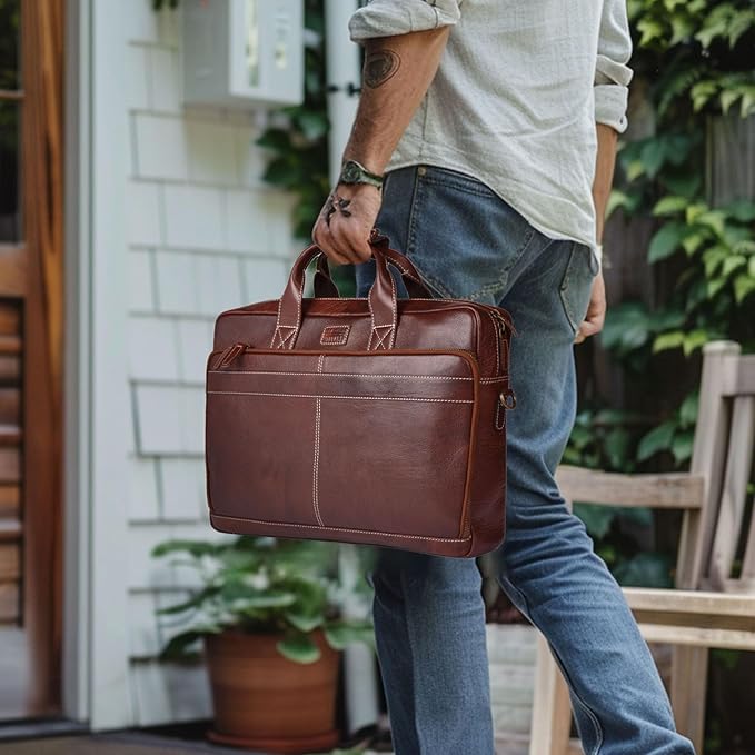 LEATHER VILLAGE 16" Leather Laptop Messenger Briefcase Bag for Men-Leather Satchel for Travel and Office Shoulder Bag-Red Brown