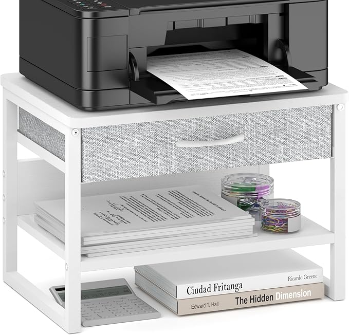 MARTY Printer Stand with Storage Drawer for Desk, 2-Tier Desktop Printer Stand Shelf Organzier for Home Office Printer Riser Under Desk Small Printer Table for Fax Machine Copier Scanner (White)