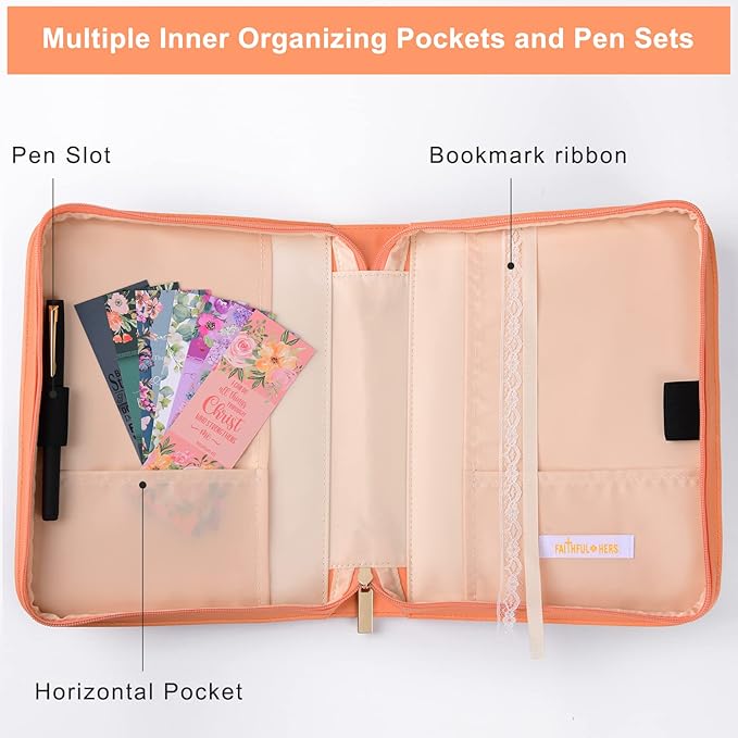 Bible Cover Case for Women with 7 Beautiful Paper Bookmarks Floral PU Leather Bible Cover Bag with Pockets and Zipper for Standard and Large Size Study Bible 10.8"x7.8"x2" (Coral Floral)