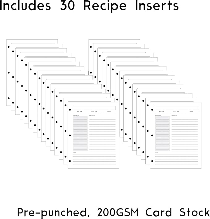 Recipe Card Set, 3-Hole Punched (Set of 30), 8.5 x 11 inch, 200 GSM Insert Card, Letter Size for Saving Recipes