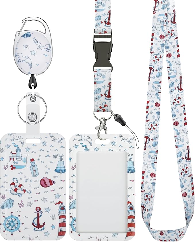 Uniclife Fashionable Sliding Badge Holder Cruise Pattern Plastic Case with Retractable Badge Reel Carabiner Clip & Detachable Lanyard Strap Vertical Card Protector for Women Nurse Teacher Student