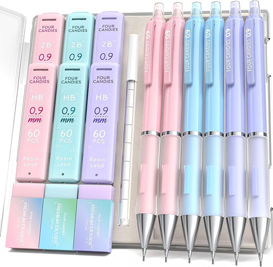 Four Candies 0.9mm Mechanical Pencil Set - 6PCS Cute Pencils with 360PCS HB & 2B Lead Refills, 3PCS Pastel Erasers and 9PCS Eraser Refills, Aesthetic School Supplies for Student Writing Drawing