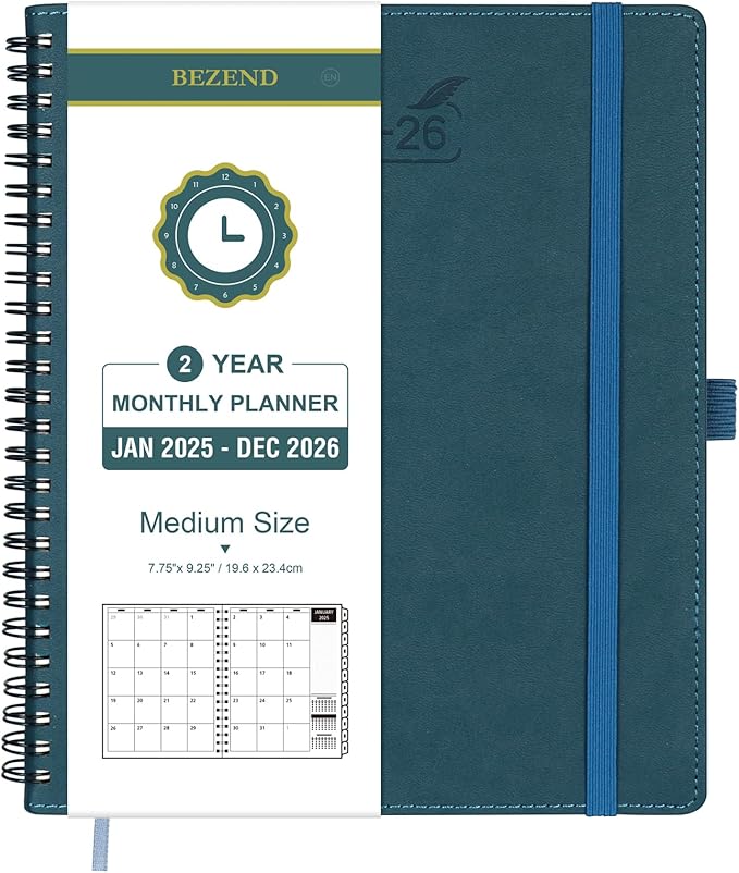 BEZEND 2 Year Monthly Planner 2025-2026 Medium Size 7" x 9" (Jan 2025 - Dec 2026) Spiral Calendar Book with Tabs, 120 GSM Thick Paper, Storage Pockets & Notes, PU Leather Softcover in Dark Green