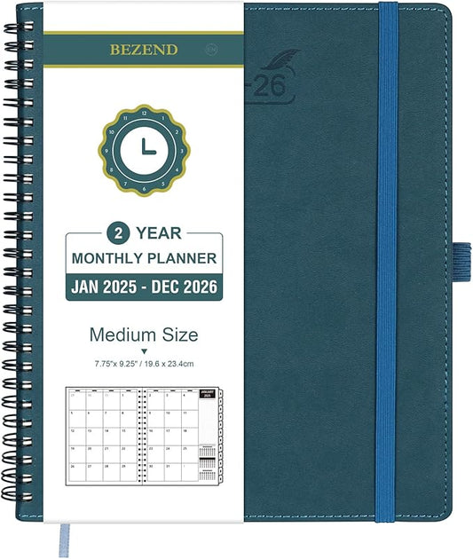 BEZEND 2 Year Monthly Planner 2025-2026 Medium Size 7" x 9" (Jan 2025 - Dec 2026) Spiral Calendar Book with Tabs, 120 GSM Thick Paper, Storage Pockets & Notes, PU Leather Softcover in Dark Green
